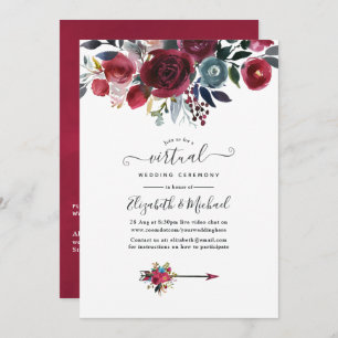 Boho Chic Burgundy and Navy floral Virtual Wedding Invitation