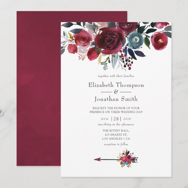 Boho Chic Burgundy and Navy floral Wedding Invitation (Front/Back)