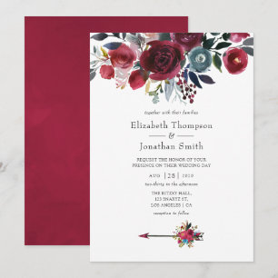 Boho Chic Burgundy and Navy floral Wedding Invitation