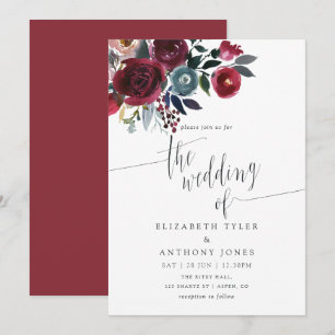 Boho Chic Burgundy and Navy floral Wedding invite