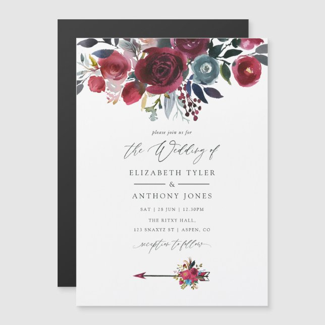 Boho Chic Burgundy and Navy floral Wedding Magnetic Invitation (Front/Back)