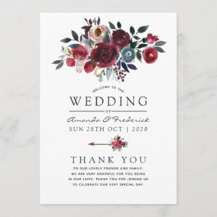 Boho Chic Burgundy and Navy floral Wedding Programme