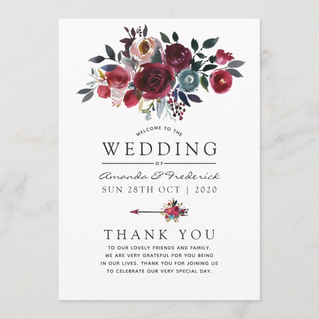 Boho Chic Burgundy and Navy floral Wedding Programme (Front)