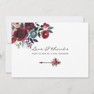 Boho Chic Burgundy and Navy floral Wedding Thank You Card