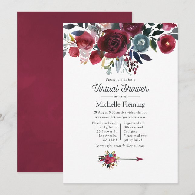 Boho Chic Burgundy and Navy Virtual Baby Shower Invitation (Front/Back)