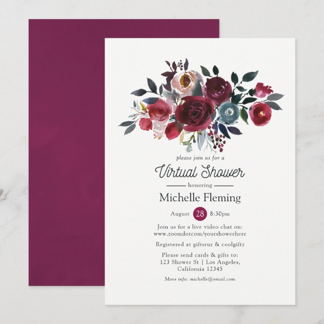Boho Chic Burgundy and Navy Virtual Bridal Shower Invitation (Front/Back)