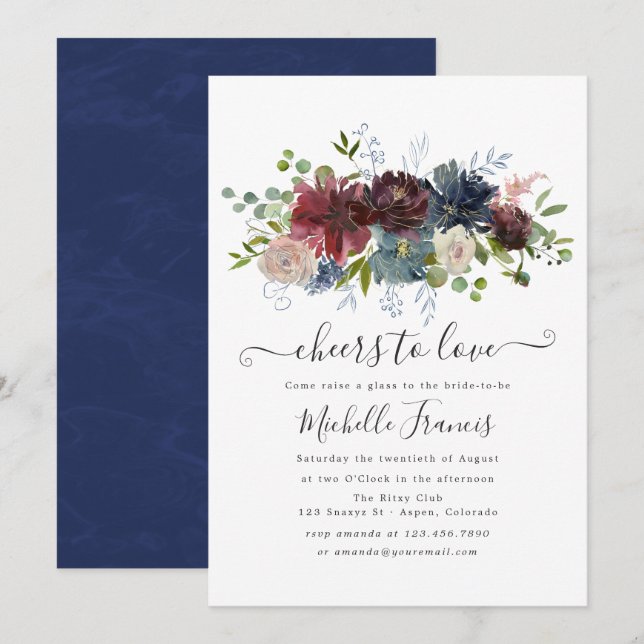 Boho Chic Burgundy and Navy Wine Tasting Invitatio Invitation (Front/Back)