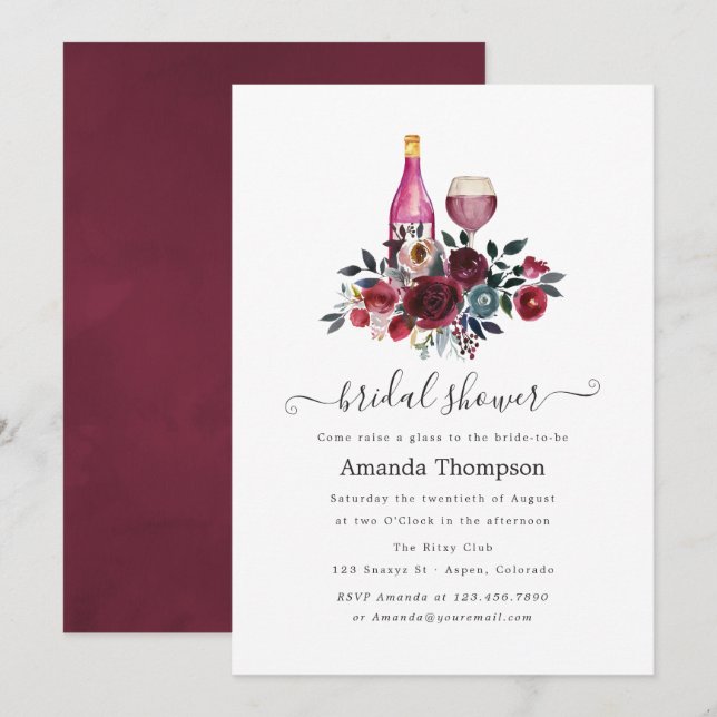 Boho Chic Burgundy and Navy Wine Tasting Invitation (Front/Back)