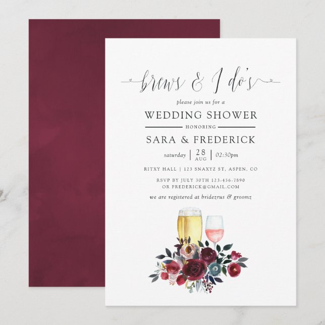 Boho Chic Burgundy & Navy Brews Before The I Do's Invitation (Front/Back)
