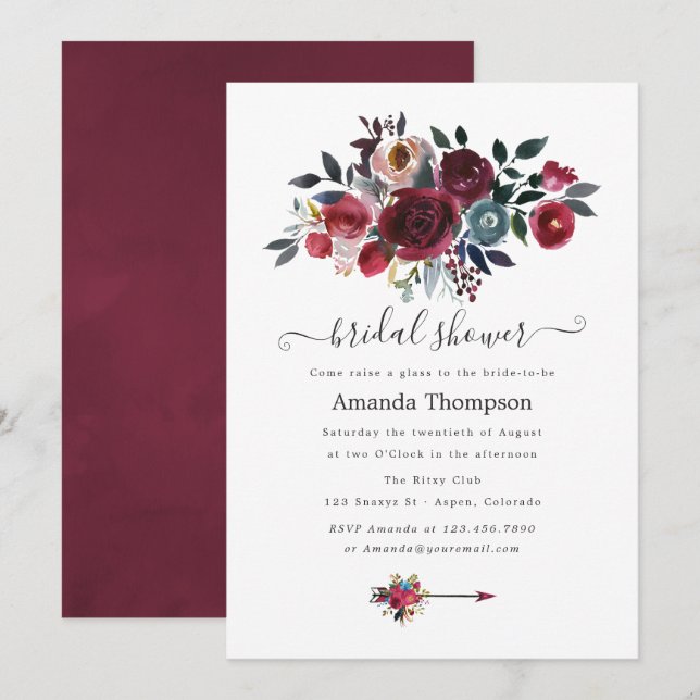 Boho Chic Burgundy & Navy floral Brunch and Bubbly Invitation (Front/Back)