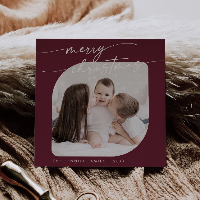Boho Chic Burgundy Photo Cute Family Christmas Holiday Card (Creator Uploaded)