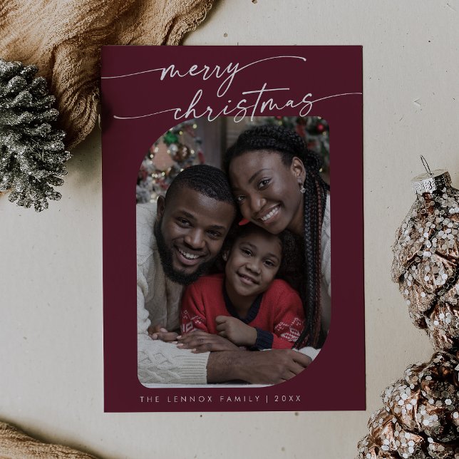 Boho Chic Burgundy Photo Cute Merry Christmas Holiday Card (Creator Uploaded)