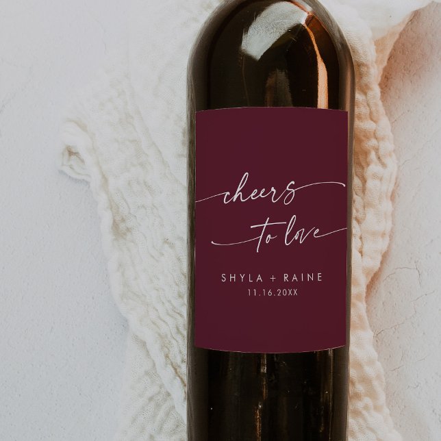 Boho Chic Burgundy Red Cheers to Love Wedding Wine Label (Creator Uploaded)