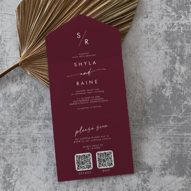 Boho Chic Burgundy Red Dual QR Code Wedding All In One Invitation (Creator Uploaded)