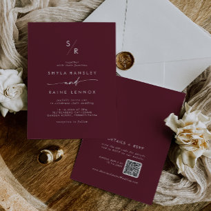 Boho Chic Burgundy Red Monogram QR Code Wedding Invitation
