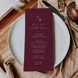 Boho Chic Burgundy Red Monogram Wedding Menu<br><div class="desc">This boho chic burgundy red monogram wedding menu card is perfect for a minimalist wedding. The dark maroon wine red modern bohemian design features simple rustic calligraphy with a unique yet classic style.

Personalised your monogrammed menu with your first initials.</div>