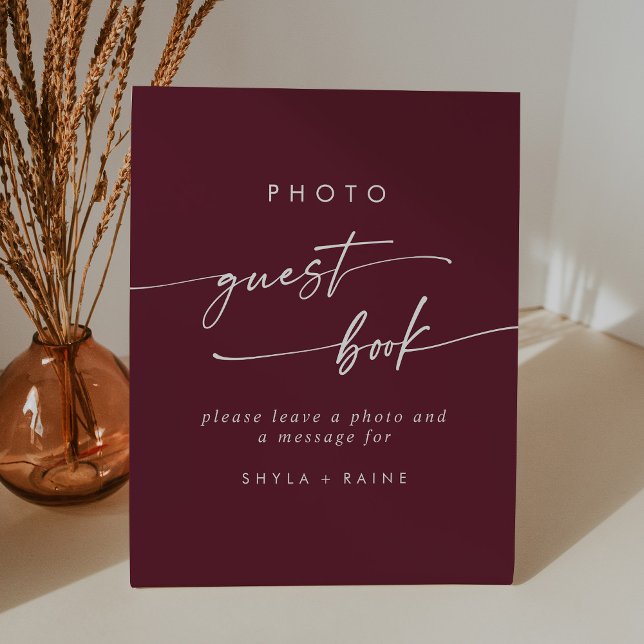 Boho Chic Burgundy Red Photo Guest Book Wedding Pedestal Sign (Creator Uploaded)