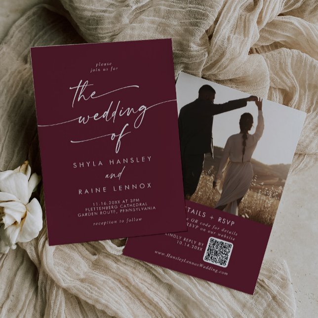 Boho Chic Burgundy Red Photo QR Code Wedding Invitation (Creator Uploaded)