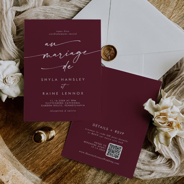 Boho Chic Burgundy Red QR Code French Wedding Invitation (Boho Chic Burgundy Red QR Code French Wedding Invitation)