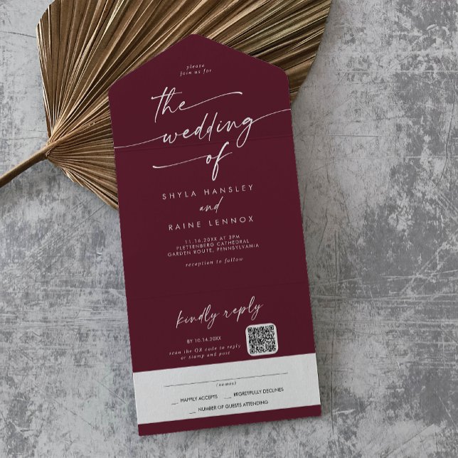 Boho Chic Burgundy Red QR Code Mail In Wedding All In One Invitation (Creator Uploaded)