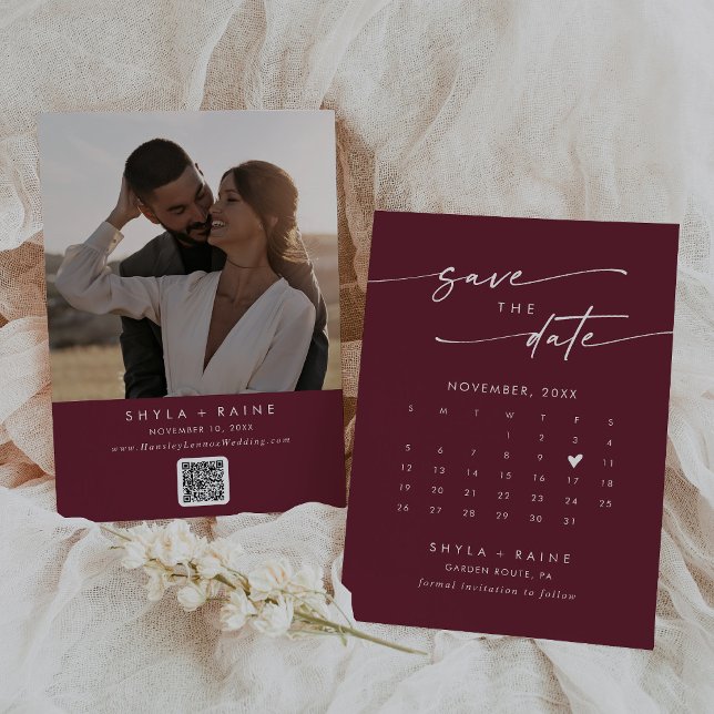 Boho Chic Burgundy Red QR Code Photo Calendar Save The Date (Creator Uploaded)