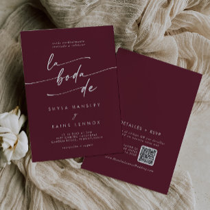 Boho Chic Burgundy Red QR Code Spanish Wedding Invitation