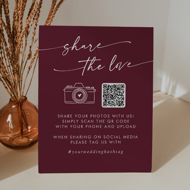 Boho Chic Burgundy Red Share the Love QR Code Pedestal Sign (Creator Uploaded)
