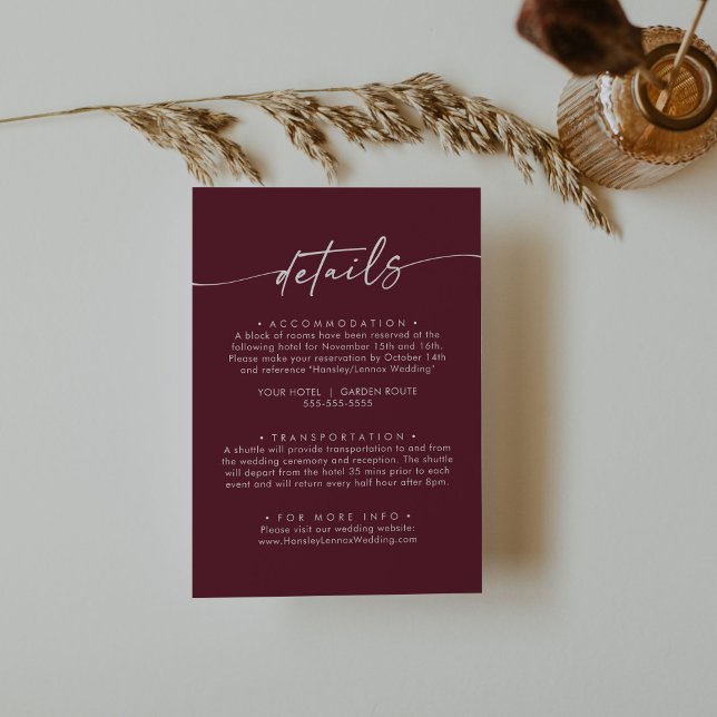 Boho Chic Burgundy Red Wedding Details Enclosure Card (Creator Uploaded)