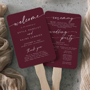 Boho Chic Burgundy Red Wedding Program Hand Fan