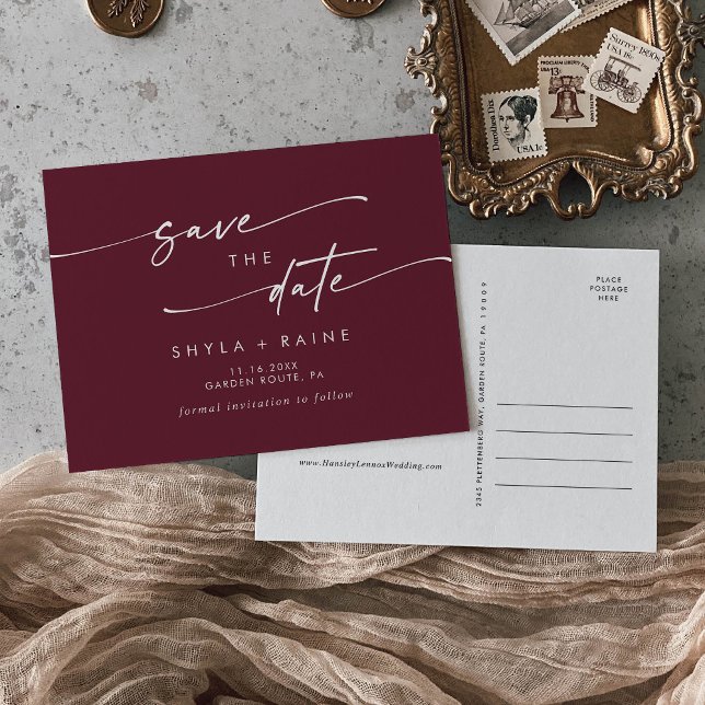 Boho Chic Burgundy Red Wedding Save the Date Invitation Postcard (Creator Uploaded)