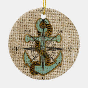 boho chic burlap nautical compass Blue anchor Ceramic Tree Decoration
