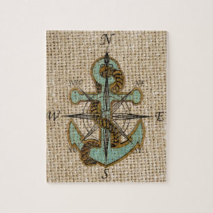 boho chic burlap nautical compass Blue anchor Jigsaw Puzzle