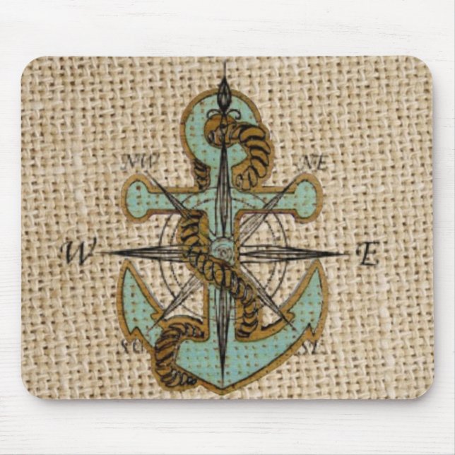 boho chic burlap nautical compass Blue anchor Mouse Mat (Front)