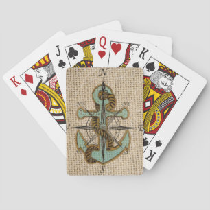 boho chic burlap nautical compass Blue anchor Playing Cards