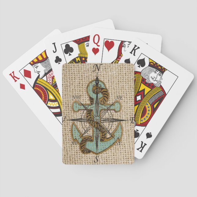 boho chic burlap nautical compass Blue anchor Playing Cards (Back)