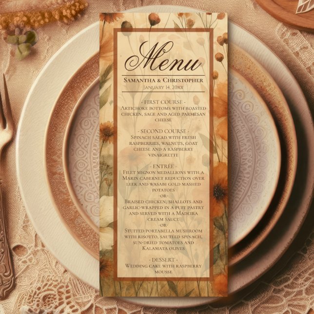 Boho Chic Burnt Sienna Watercolor Floral Wedding Menu (Creator Uploaded)