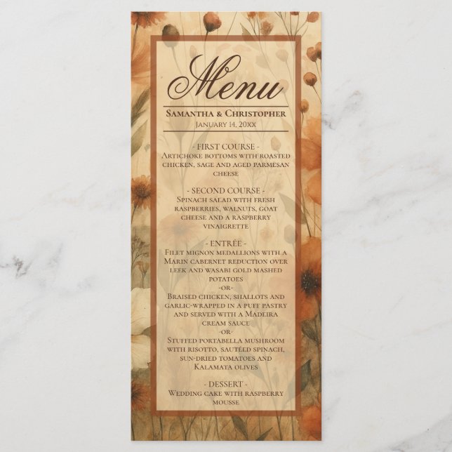 Boho Chic Burnt Sienna Watercolor Floral Wedding Menu (Front)
