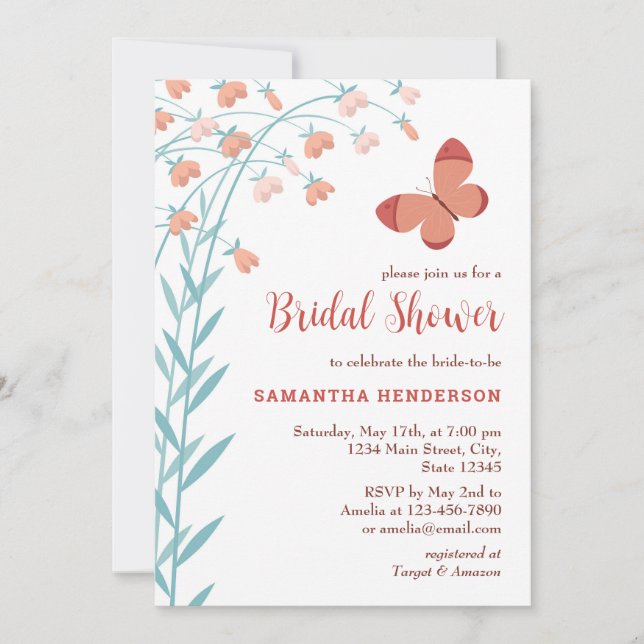 Boho Chic Butterfly Floral Elegant Bridal Shower Invitation (Front)