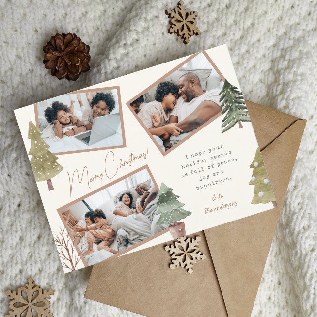 Boho Chic Christmas 3 Photo Collage Pine Trees Holiday Postcard (Creator Uploaded)