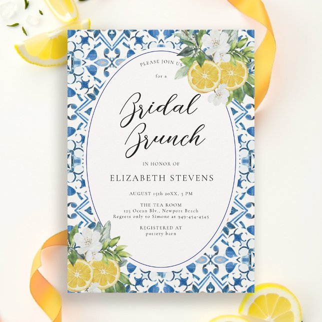 Boho Chic Citrus Italian Blue Tile Bridal Shower Invitation (main squeeze bridal shower theme amalfi coast blue tiles lemon floral watercolor invitation)