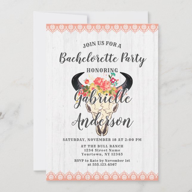 Boho Chic Cow Skull Bachelorette Party Invitation (Front)