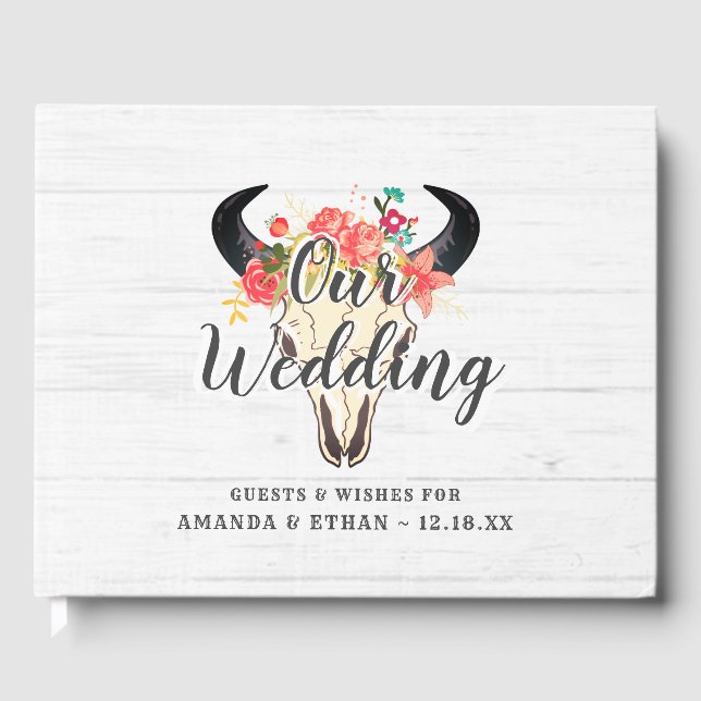 Boho Chic Cow Skull Floral Rustic Wedding Monogram Guest Book (Front)