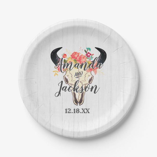 Boho Chic Cow Skull Floral Rustic Wedding Monogram Paper Plate (Front)