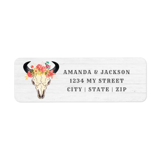 Boho Chic Cow Skull Floral Wedding Return Address (Front)