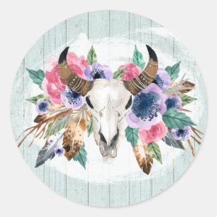 Boho Chic Cow Skull Watercolor Floral Rustic Wood Classic Round Sticker