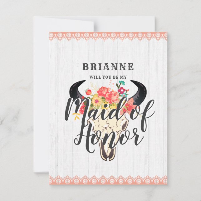 Boho Chic Cow Skull Will You Be My Maid of Honour Invitation (Front)