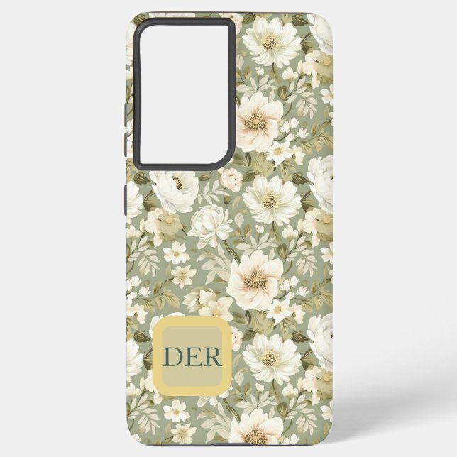 Boho Chic Cream and Sage Green Botanical Florals Samsung Galaxy S21 Ultra Case (Back)
