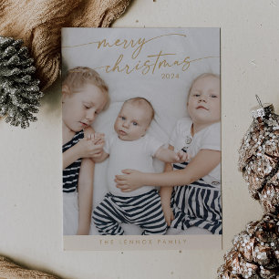 Boho Chic Cream Gold Cute Unique Photo Christmas Holiday Card