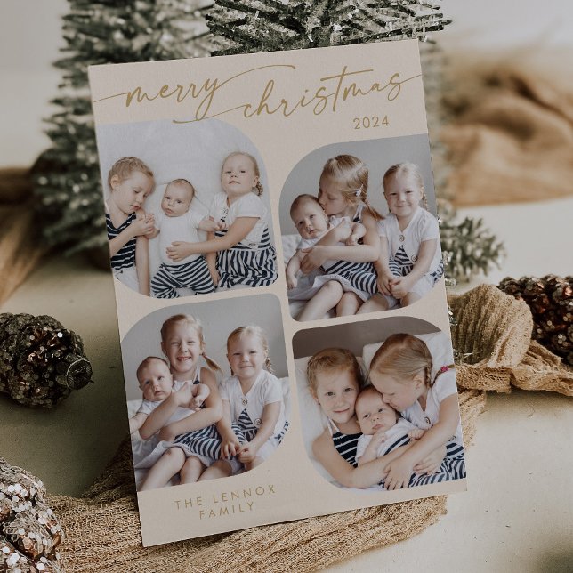 Boho Chic Cream Gold Family Multi Photo Christmas Holiday Card (Creator Uploaded)