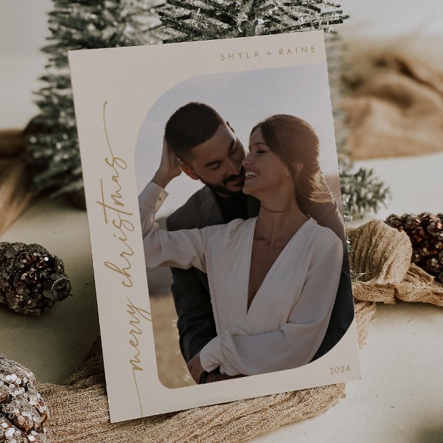 Boho Chic Cream Gold Photo Simple Merry Christmas Holiday Card (Creator Uploaded)